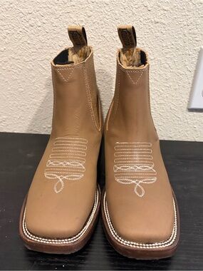 Tan Leather Men’s Square toe Ankle Boots with White Stitch Accents